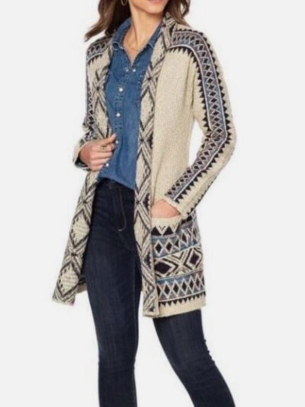 Lucky Brand Ivory and Navy Open-Front Geometric Cardigan